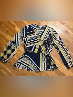 Faith and Joy Navy,‎ Mustard & Cream Wrap Peplum Blouse